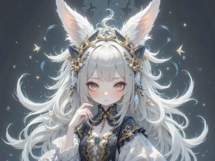 ( masterpiece, top quality:1.2), little cute rabbit 女の子:0.7\(( Big ribbons on the ears , cute ribbon、Gold ribbon ),Rabbit Tail , rabbit ears, Very Fluffy Ears 、White Ear、 very long hair,Gray Hair,Warm deep red eyes , Sparkling Eyes, I closed my mouth ,...