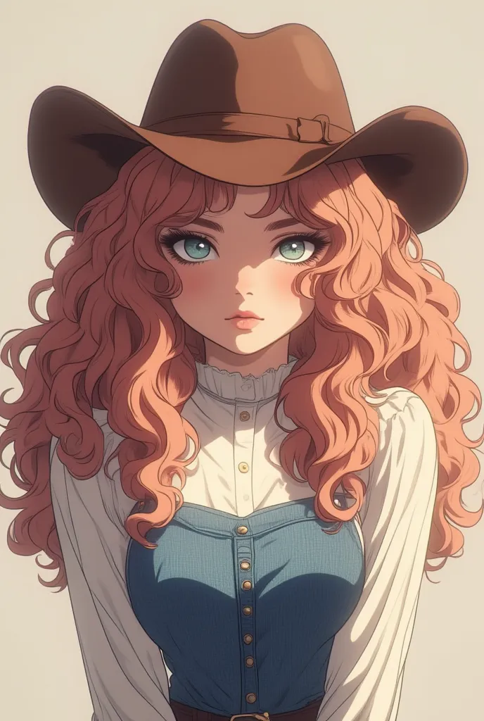 White math teacher with curls and lenses cute woman Kawaii, nervous, half-open eyes, blushing,  cowboy hat , standing