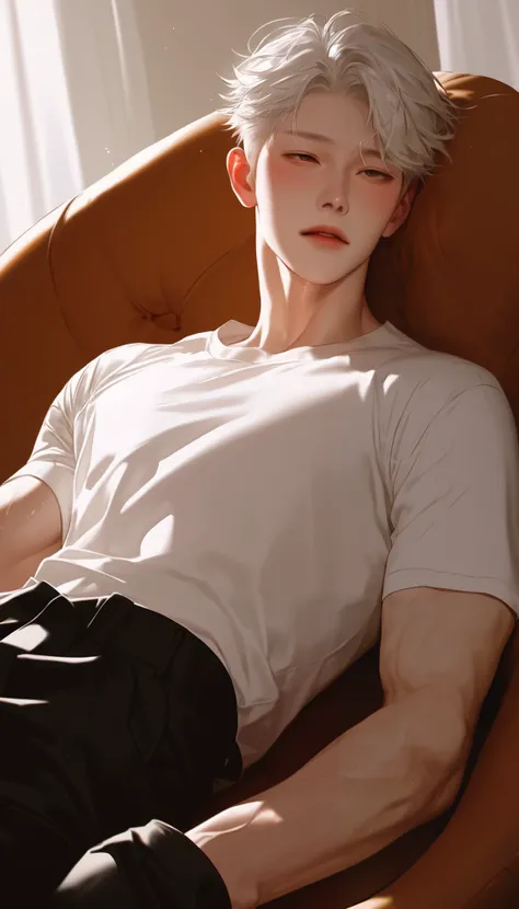 a male , from the room ,On the bed,fitness, sit-up position on a chair sofa,躺在On the bed,look up, Korean comic style , young and energetic, Good condition ,Very handsome oval face, white t-shirt,black pants, Showing off your abdominal muscles, White Skin...