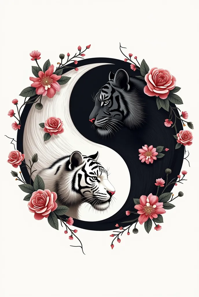 I want a kind of logo in the shape of a circle with two tigers one white and one black and in the center the ying yang the two tigers must be on the sides of the circle with flowers and must have the shape of a circle as well 