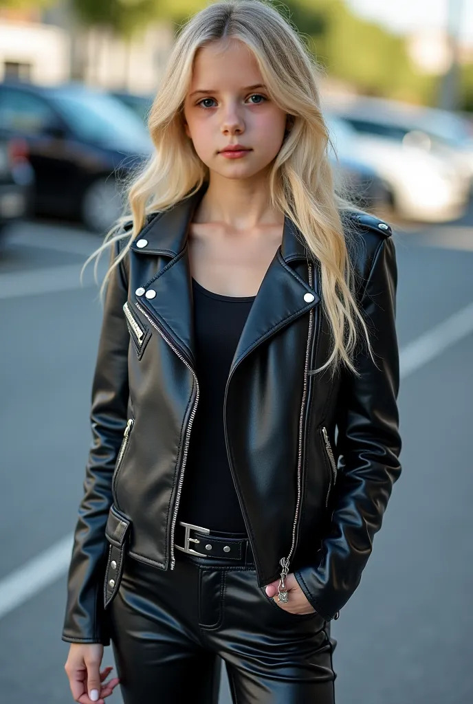  skinny blue-eyed blonde  girl, clothing: punk jacket and tight leather pants, realistic photograph taken with Canon, real and accurate lighting and reflections, pose Instagram, Parque Fondo Summers Weather.