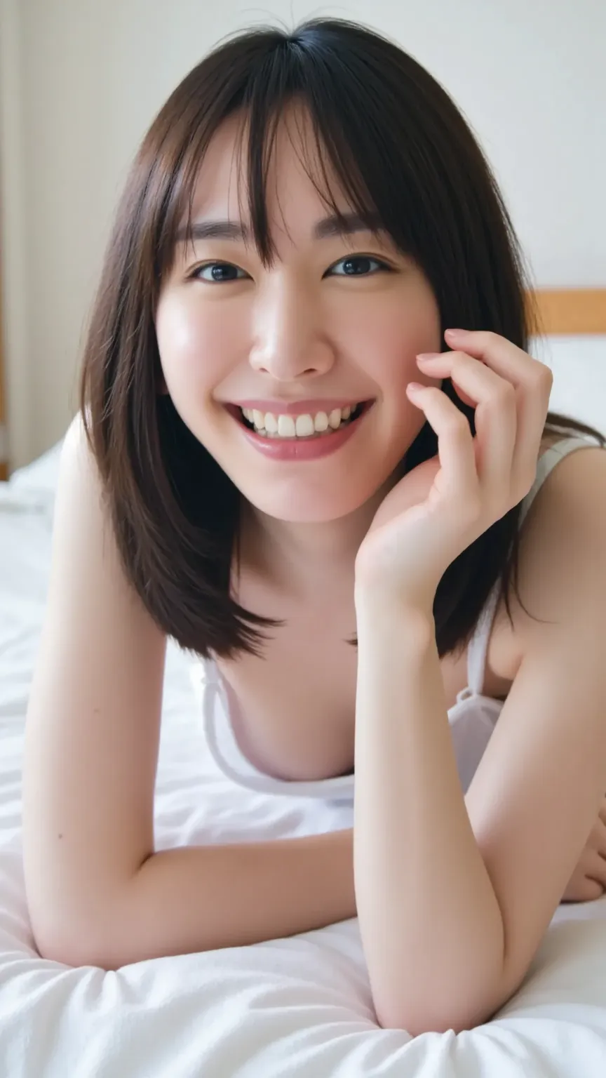 (Chest Valley。Between the breasts:1.3)。(My chest widened a lot:1.5)nightgown。(bras:1.8)。(Saggy Breasts:1.3)。18 year old cute Japanese girl 。on the bed in the bedroom。Staring at viewers with a big smile showing teeth。eros。orgasm。Ecstatic state。Jet Black Hai...