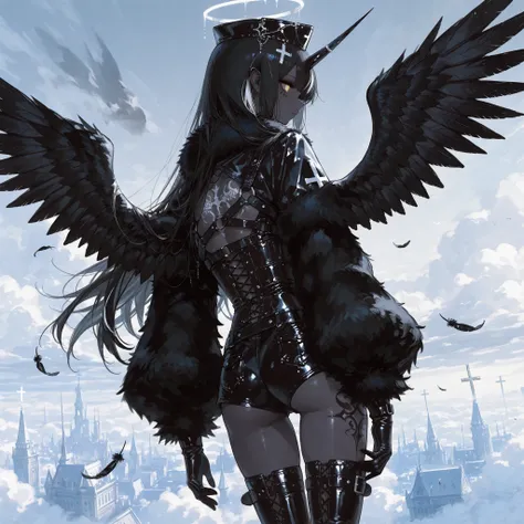The girl is a fallen black-and-white angel. Her long hair is obsidian black straight with white highlights. her eyes are dark black with white  crosses-like  pupils.  She has dark-grey skin and pointed ears. on her skin she has a tattoo of the silver cross...