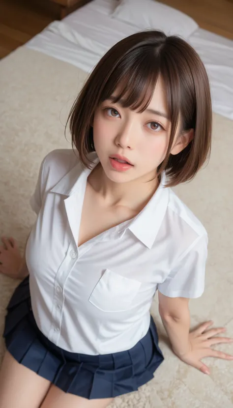 Medium breast、((Japanese woman)) , (( white Y shirt))、(curvy body)、 sensual expression、((angle from above))、Open your mouth lightly 、I'm staring at 、on the bed、looking up 、(pleated skirt on indoor floor) 、((high school uniform))、((Chest gap ))、(view from ...