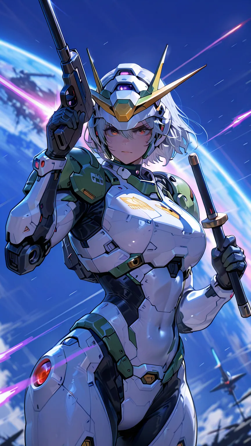 core_9, score_8_up, score_7_up, dramatic lighting, highly detailed, cinemascope, moody, epic scene, gorgeous, film grain, grainy, masterpiece, best quality, perfect anatomy, very aesthetic, official art, mecha armor female, shiny color silver hair, medium ...