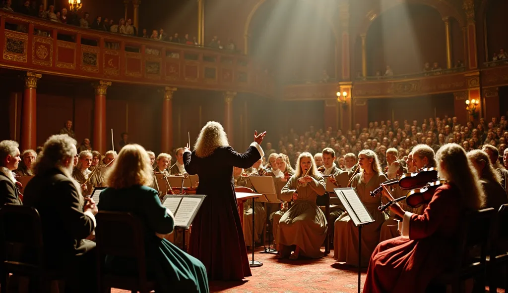 "A London concert hall in August 1714, where Georg Friedrich Händel conducts an orchestra with passionate gestures.  The audience , composed of English nobles in elaborate wigs and silk dresses, listens carefully to his new composition, a slightly modified...