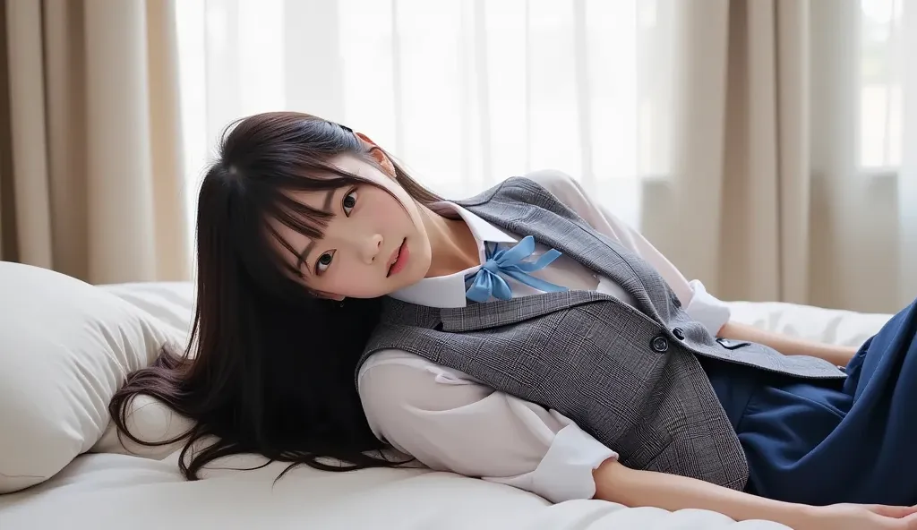  Photorealistic, Ultra-detailed, finely detail, High resolution, 8K Wallpaper. A beautiful young Japanese woman lying on the bed. (Her head is tilting backwards dramatically;1.3) her back touches bed  completely. Her arms are relaxed. Her right leg is bent...