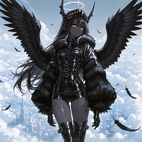 The girl is a fallen black-and-white angel. Her long hair is obsidian black straight with white highlights. her eyes are dark black with white  crosses-like  pupils.  She has dark-grey skin and pointed ears. on her skin she has a tattoo of the silver cross...