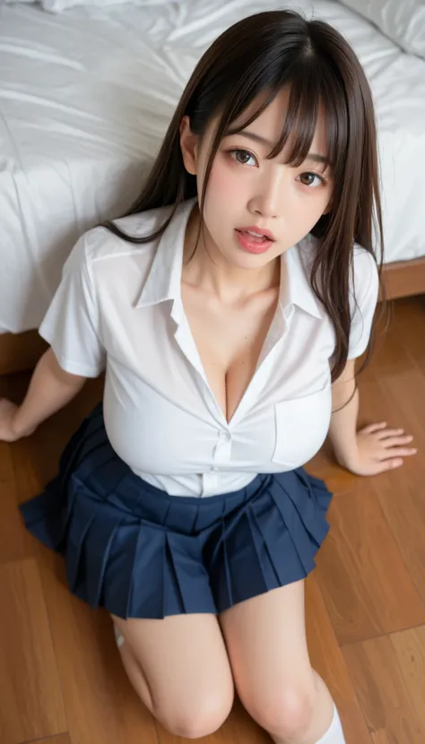 Big Breasts、((Japanese woman)) , (( white Y shirt))、(curvy body)、  sensual expression、((angle from above))、Open your mouth lightly 、I'm staring at 、on the bed、looking up 、(pleated skirt on indoor floor) 、((high school uniform))、((Chest gap ))、(view from ab...