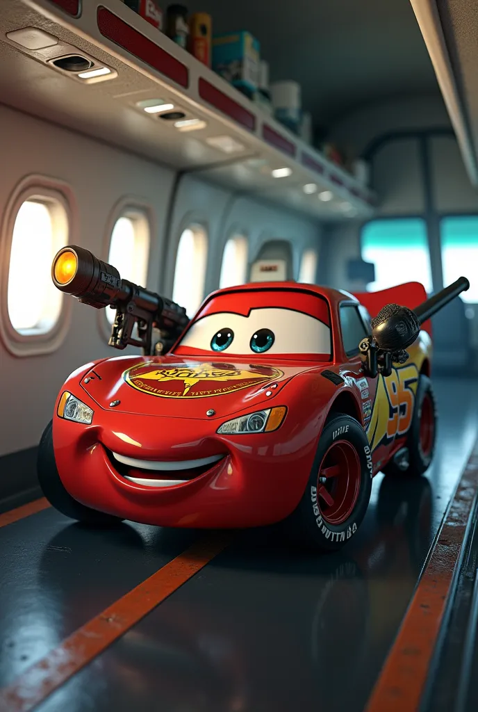  cartoon car "Cars ", is in the passenger compartment of an aircraft with machine guns and captures the plane in a balaclava