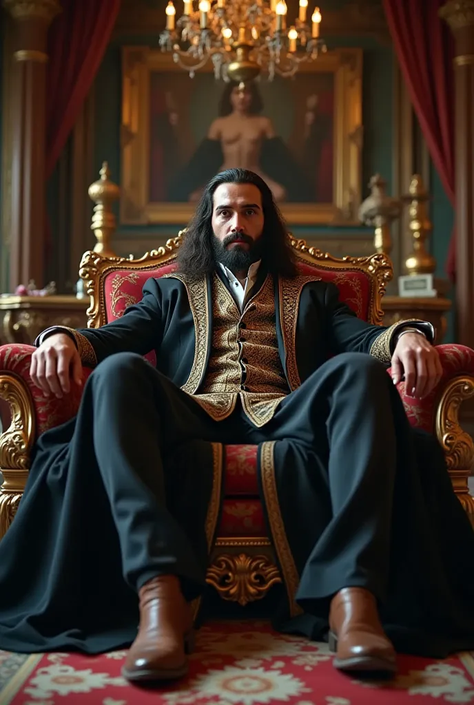 The sultan of the Ottoman Empire is sitting in front of you on the sofa with his legs spread very wide,the view from below dominates.Точность, high detail, high quality, Very detailed,  Masterpiece , Realistic anatomy, Точность,  Masterpiece , Realistic an...