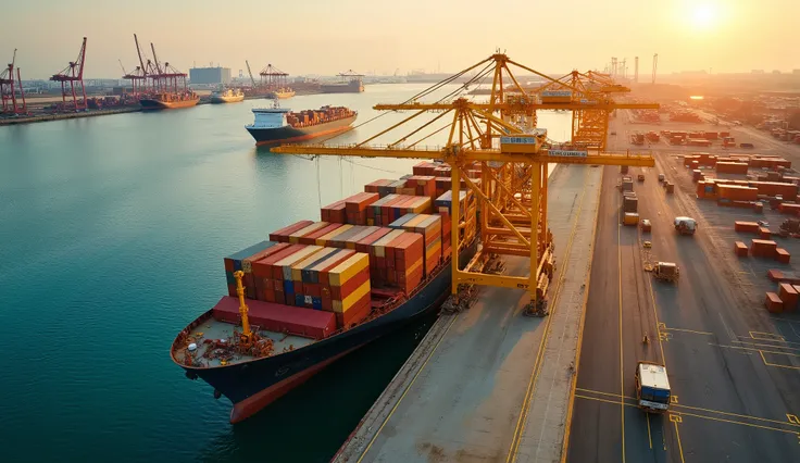 aerial view of a bustling port with a large cargo ship docked, loaded with colorful shipping containers in various shades of yellow and orange. The ship is positioned next to a modern crane with a yellow arm, actively handling the containers. The scene fea...