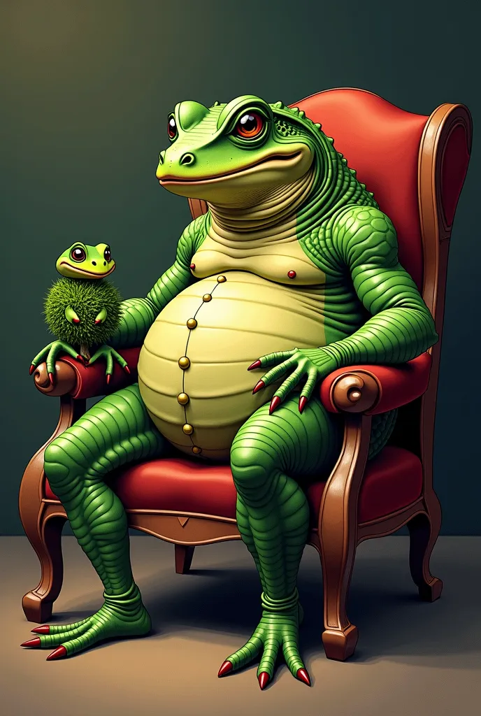 illustration of a man sitting in a chair with a hedge on his lap, vector art by Justin Gerard, reddit, renaissance, toad philosopher the thinker, friendly guy and small creature, lizard person, lizardfolk, lizardman art, funny illustration, funny weird ill...