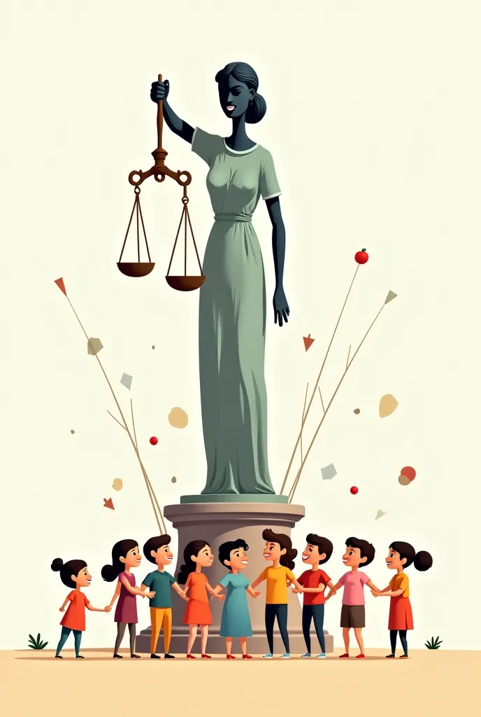 Little people are happy around the statue of Justice woman,artistic ,Simple drawing 