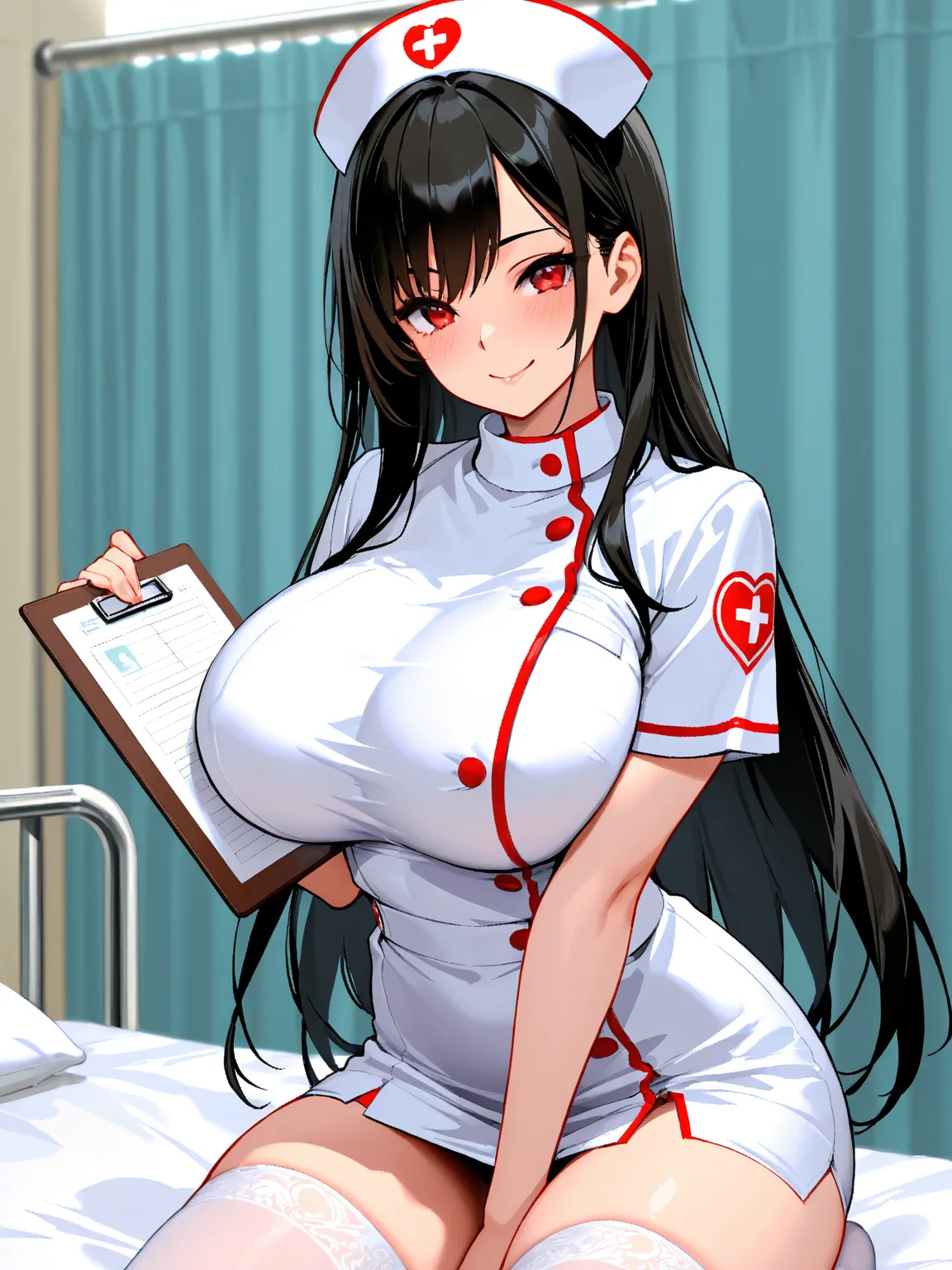 8k,masterpiece, best quality, ultra detailed, high resolution, super fine illustration, extremely detailed CG, looking at viewer,1girl, solo,smile, red eyes, black hair, long hair, huge breasts,nurse cap, nurse costume, miniskirt, white thighhighs, holding...