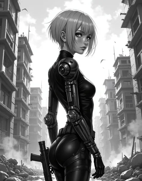 manga стиль,черно-белая manga, шикарная Russian girl с большими глазами и короткой стижкой пикси, ,slim sweet, thoughtful,big eyes, sexy,manga,realism,black and white image,рисованный стиль manga,милая girl,in short shorts and a,blond hair, sexy, skinny,gi...