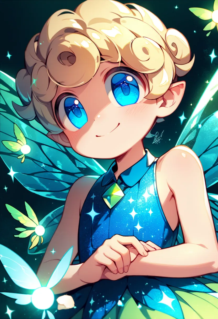 ((Masterpiece)), (( best quality)), (1 boy, male gender, effeminate,  male body, very cute, perfect face, perfect eyes,  petit, short blonde hair, curly hair, blue eyes, smile, ), ( fairy dress,  magical, sparkly dress,sleeveless, bare shoulders , fairy wi...