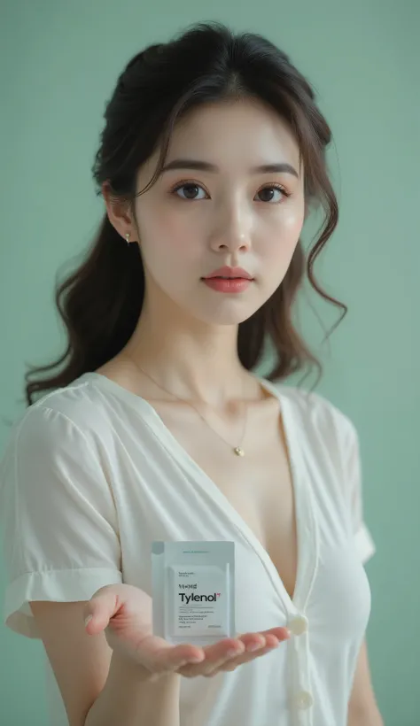 white t-shirt, deep t-shirt, sternum, Description When , Introduction , Reach out for a long time,, is like holding a product in your hand, green screen, woman holding a pill package in her hand, official product picture, Korea , Tylenol,