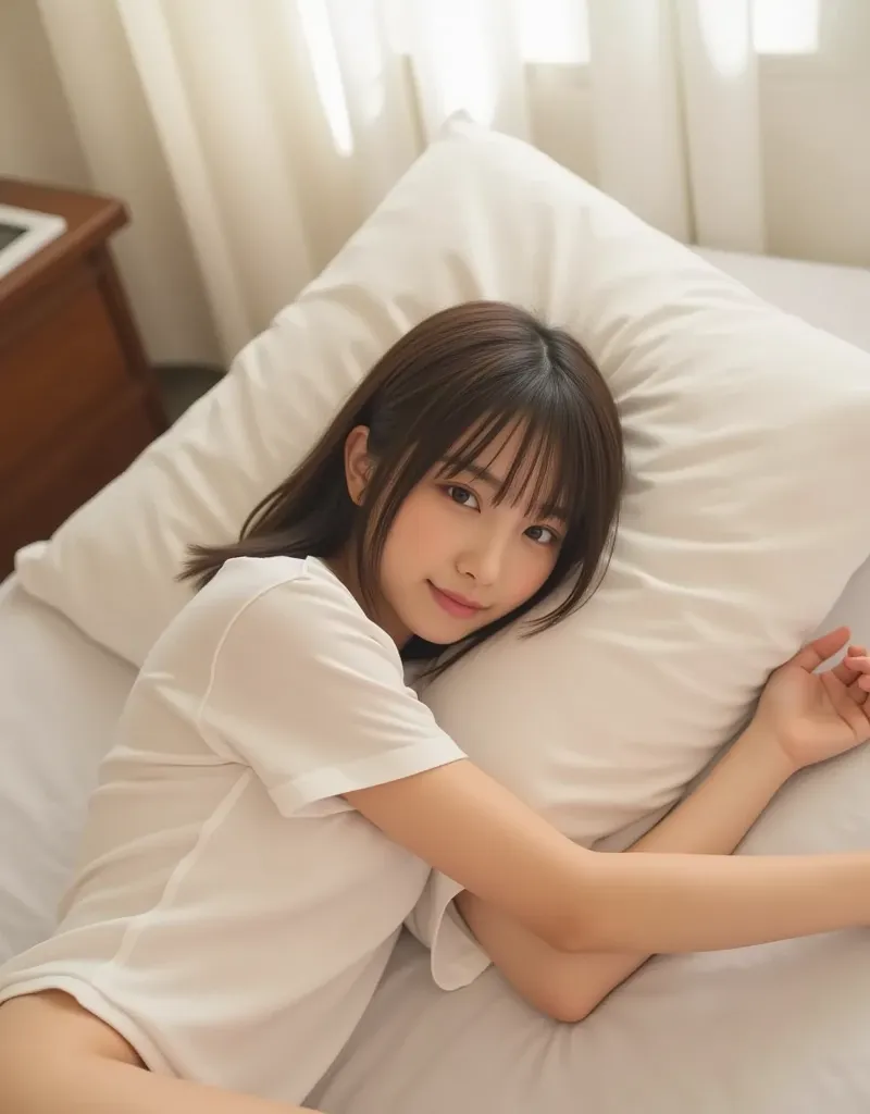 A Japanese high school girl is lying on the bed. She is wearing a T-shirt and nothing on the bottom half. Ultra high resolution, ultra high quality photo.
