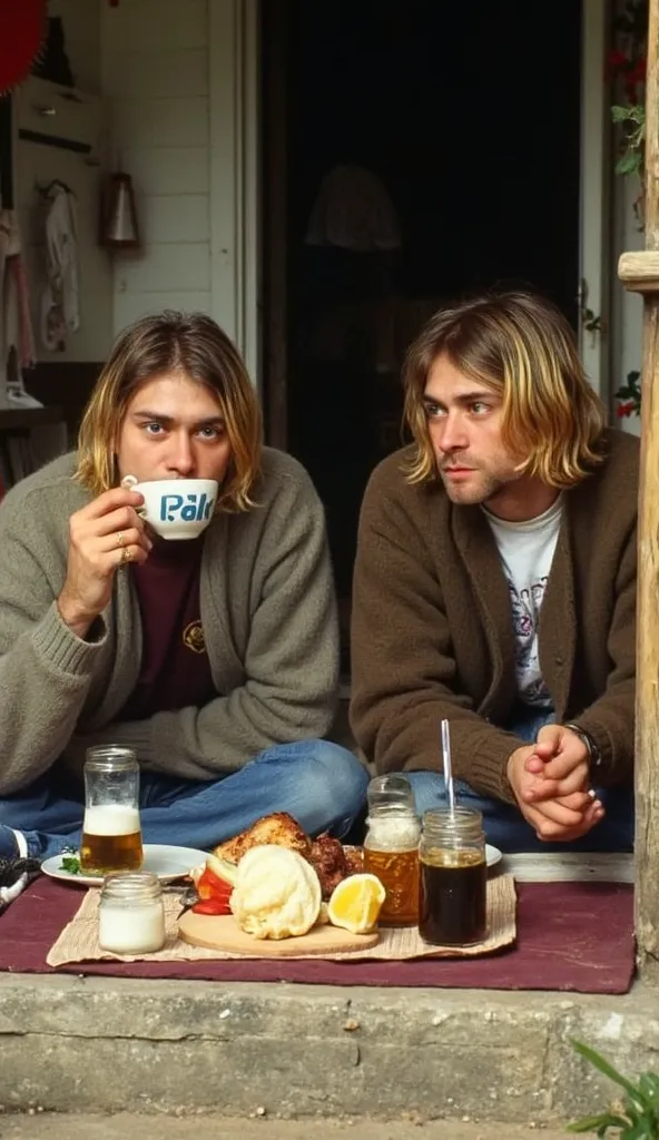 Make a picture of Kurt Cobain having coffee with a young Indonesian man, they sit side by side on a mat full of food and drinks. They look at the camera, the background is a house with a simple interior, Realistic image