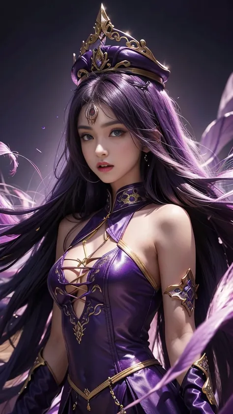 model shoot, (1 girl), long hair, Islamic warrior, purple outfit, laces, shining:1.5, hyper realistic, super detailed, Dynamic shot, masterpiece, scene sharp détails, perfect eyes, perfect skin, perfect hands, attractive poses,