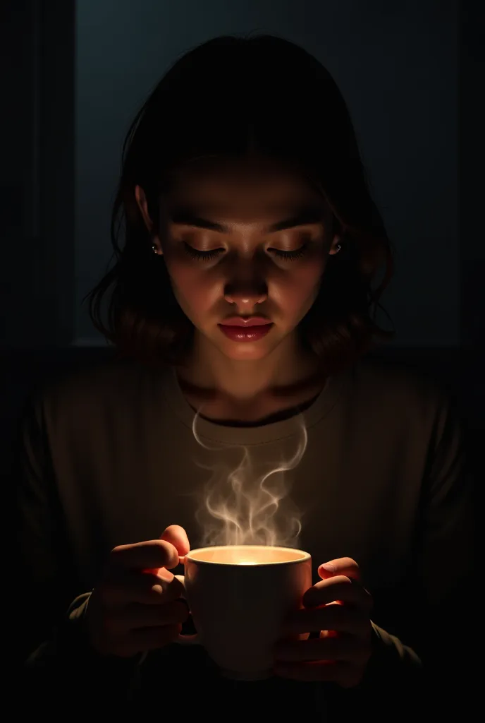 Girl holding warm coffe mug in the dark room, smoke