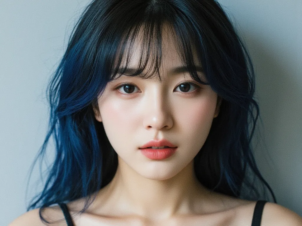  Full body, realistic Korean women, sexy body dark blue hair with black roots, wavy, full lips, Doll lips, big eyes