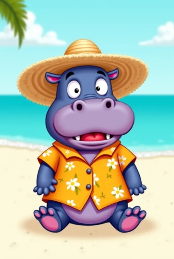 Cartoon image of a cute hippopotamus, who is doing the 'cup' articulatory exercise in Hawaii. Hippopotamus sits on a white sand beach, in a bright Hawaiian shirt and straw hat. His tongue is neatly arranged in the shape of a cup, and he diligently holds th...