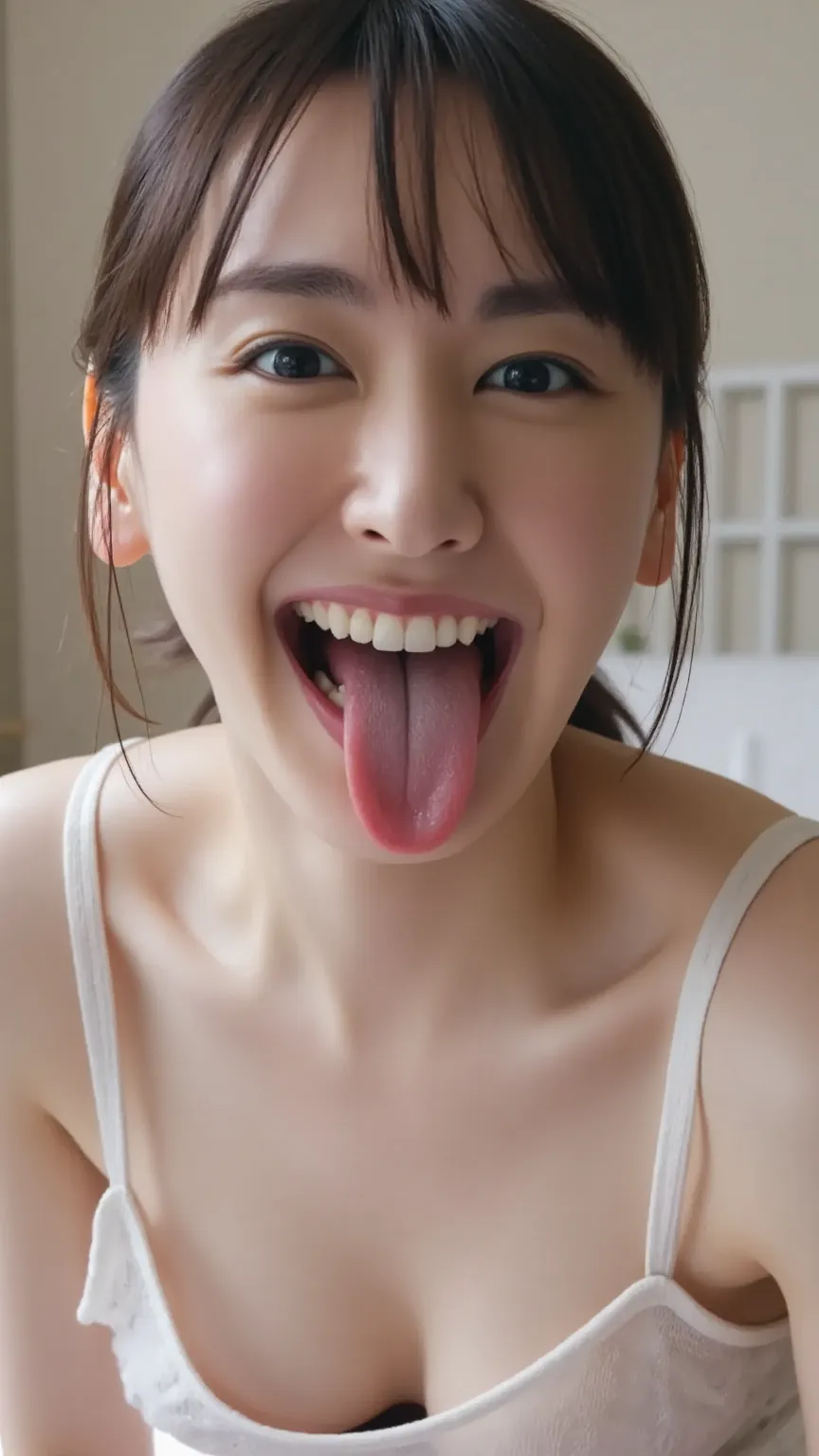 (Chest Valley。Between the breasts:1.3)。(My chest widened a lot:1.5)nightgown。(bras:1.8)。(Saggy Breasts:1.3)。18 year old cute Japanese girl 。on the bed in the bedroom。 with its mouth wide open and a long tongue sticking out。viewers full of frustration。eros。...