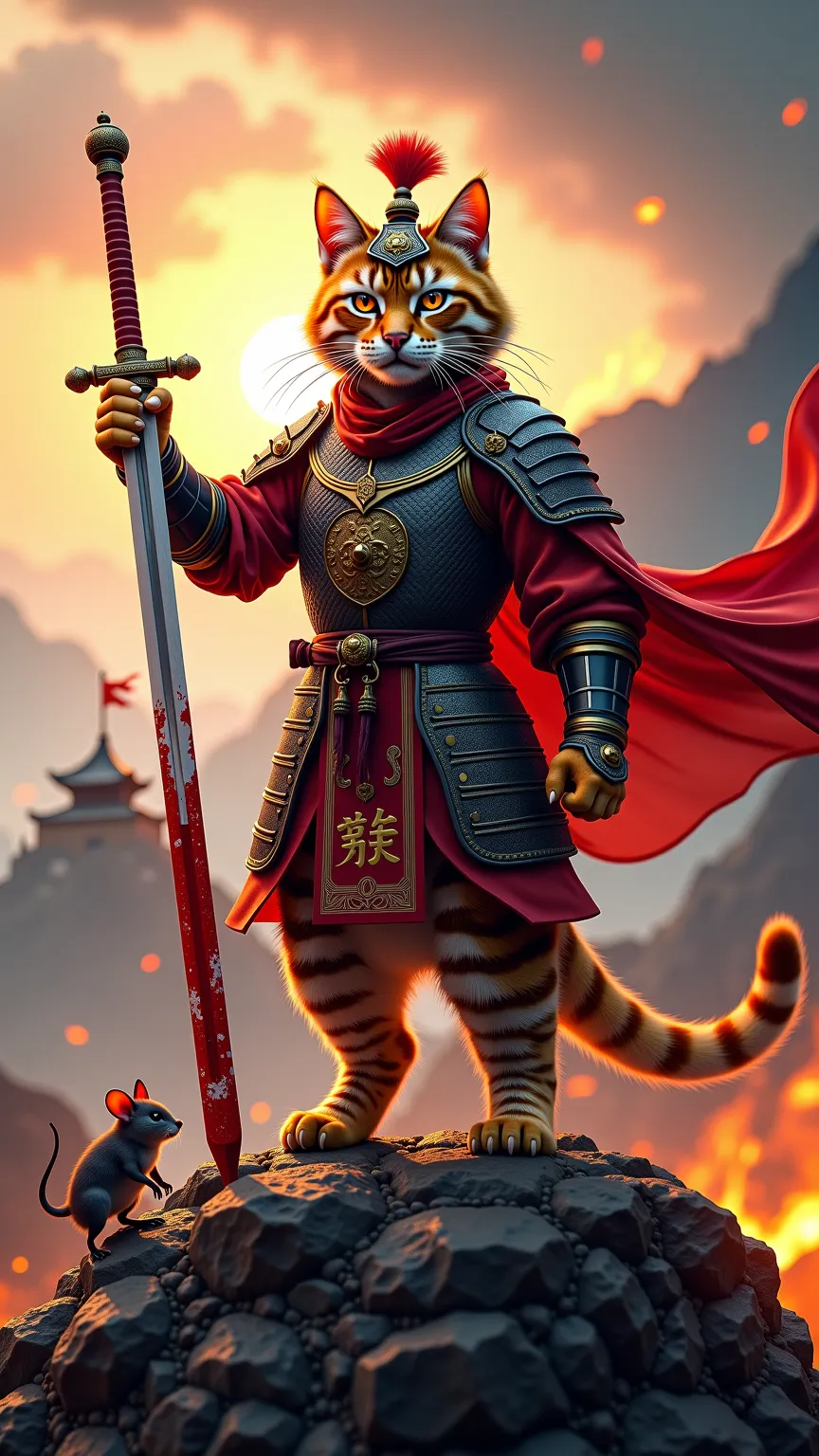 A hyper-realistic Chinese Li Hua cat (muscular build, golden-brown striped fur, fierce amber eyes) stands victorious atop a war-torn hill on the Great Wall of China, gripping a bloodied jian sword in its paw. The cat wears Ming Dynasty general’s armor: riv...