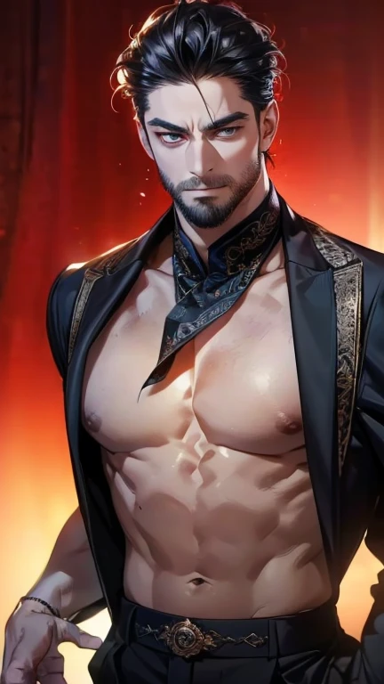 (       ,4K,8k,       highres,       masterpiece :1.2),       ultra-detailed    ,(Realistic,photoRealistic,photo-Realistic:1.37),36-year-old man,3 day beard,Beautiful anime,Portraits,strong,masculine,         with black hair  ,sharp jaw,              mesme...