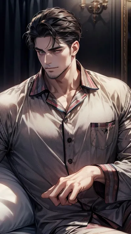 (  pajamas,4K,8k,  highres,  masterpiece:1.2),  ultra-detailed  ,(Realistic,photoRealistic,photo-Realistic:1.37),36-year-old man,3 day beard,cute anime ,Portraits,strong,masculine,    dark hair,sharp jaw,      mesmerizing eyes      ,  perfectly combed hair...