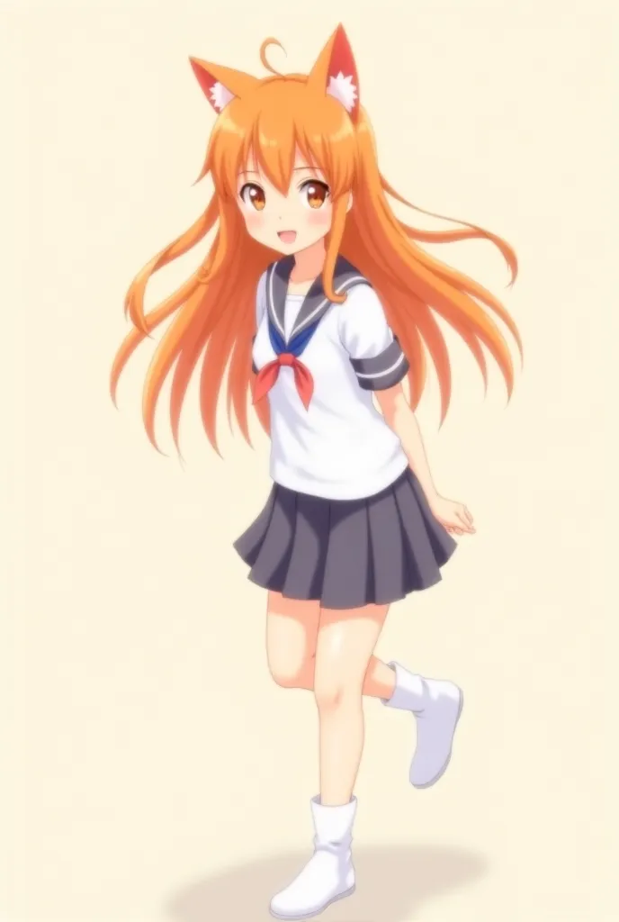 anime girl long orange hair school uniform short skirt have a cat ear Straddling the body Turn towards the camera White socks