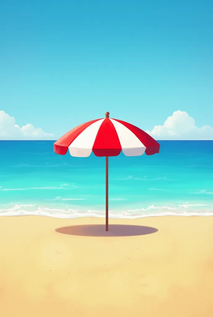 A single beach with a crystal blue color, a golden yellow sand and a red and white umbrella