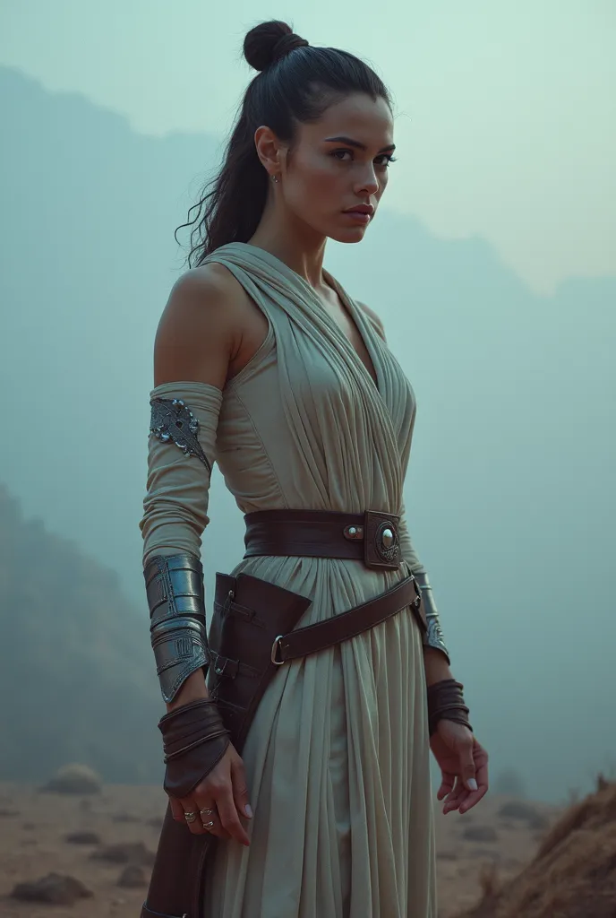 Rey Skywalker in superhero dress, dynamic pose, stunning beauty, full body photoshoot painting ,full body, dusk, twilit, fog, sky, foggy, ms. Incredible, futuristic, Sci-Fi, detailed, high detailed, HD