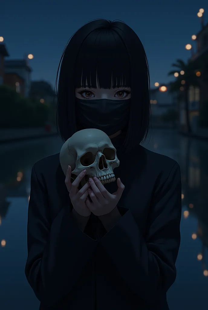 Kana Arima by Oshi No ko night background black mask skull in hand and lights of houses in background 