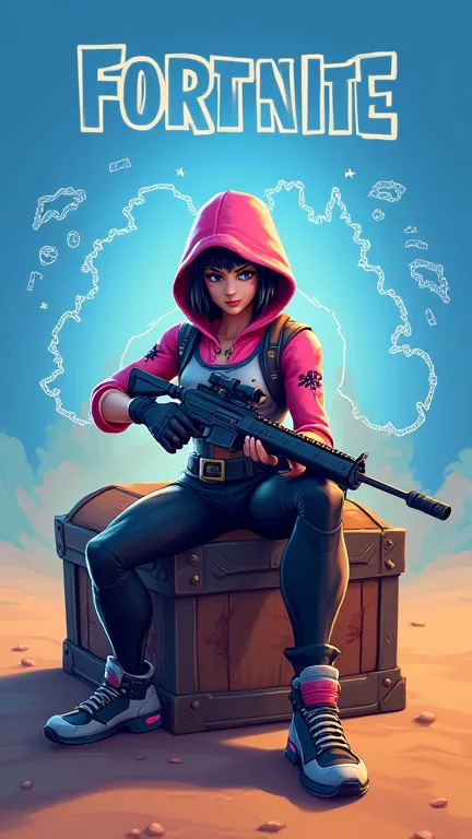 Create a mobile wallpaper with a blue and orange background with the Fortnite logo on it and a map of the game embossed in the background, a Goku character, black and white costume and pink hoodie on the head, with a rifle in her hand and the claw in the o...