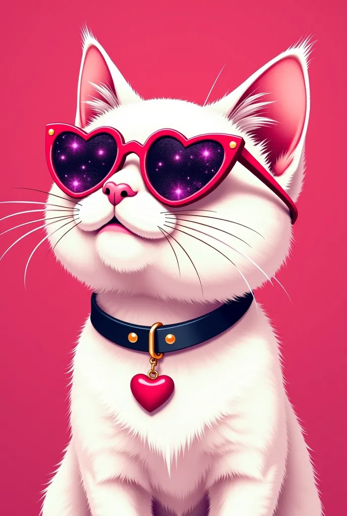 An acrylic-painted illustration of a young white cat with a playful expression, foreground of the face looking up, wears heart-shaped sunglasses with bright purple sparkles and a black leather necklace with a small pendant shaped like a Heart. The cat's ey...