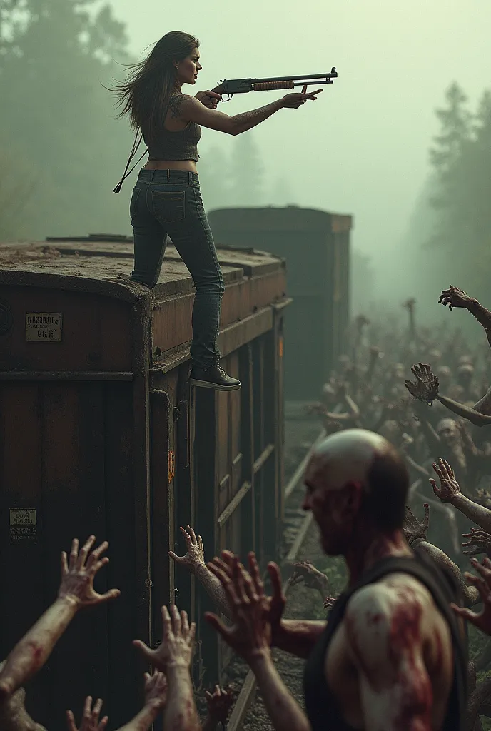 Side image of a rusty and dirty freight train car standing on an abandoned line, There are hundreds of zombies dressed in torn clothes "The Walking Dead" Around the wagon trying to attack you   ,   there's a girl with a hat and a shotgun in her hand over t...