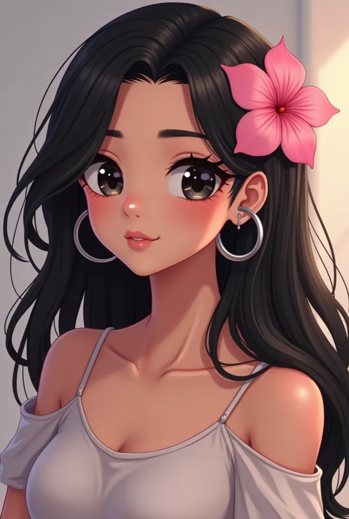 Animated young woman, Smooth dark mane hair without snaps,  a pink waiana flower in her hair,outlined eyes, with large silver ring rings, bare shoulders,sin senos  polera blanca bare shoulders, DARK BLACK EYES fit