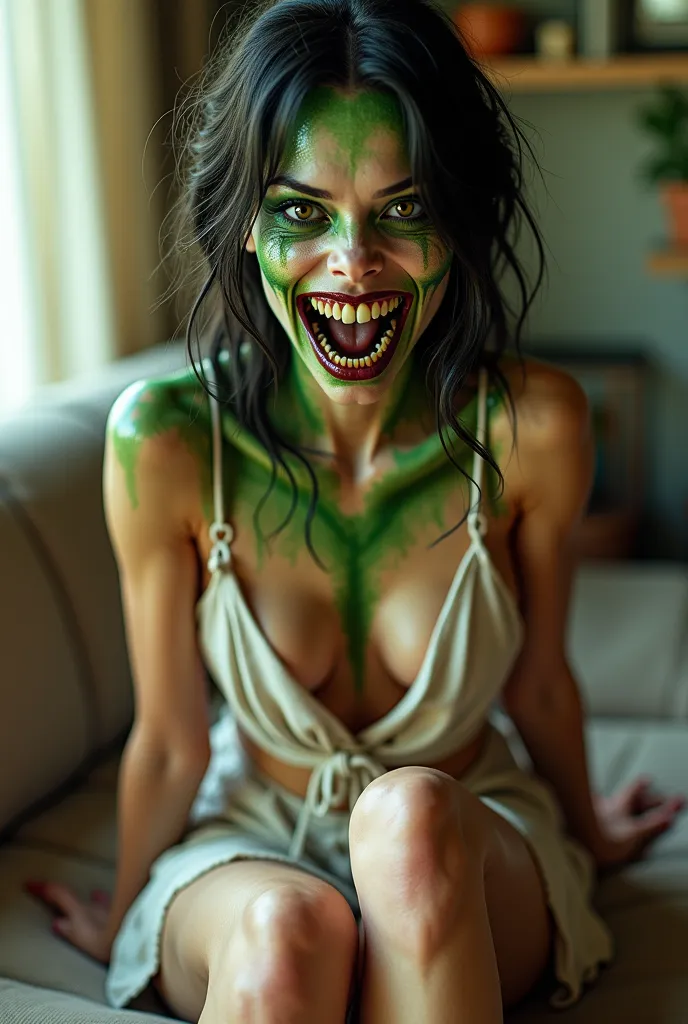 An alien woman with a feminine human appearance. She's looking at the camera smiling madly with excessive saliva and slime. moss green eyes. Slightly greenish skin and veins, sexy body, naive and crude look. green biological liquid through your body. Loose...