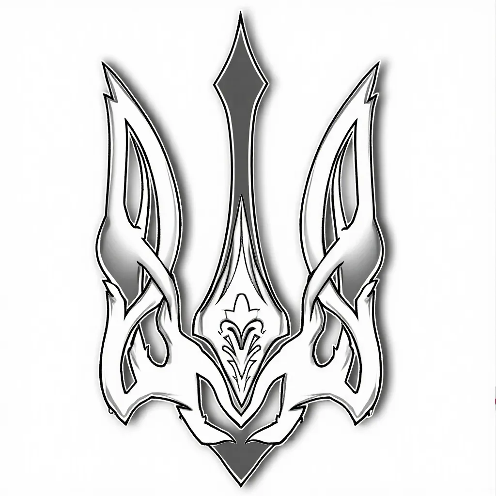 black and white vector image of a stylized trident - the coat of arms of Ukraine , which consists of a bird where the left and right trident teeth are wings, and the middle tooth is the neck and head of a phoenix