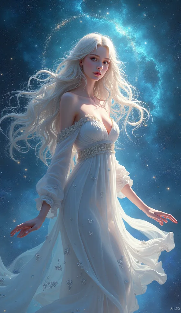 Goddess of the Pleiades。sparkles and brilliance、is wrapped in a halo of light。Heaven in Space。 Beautiful World 。Aurora of Light 。Semirealistic anime。