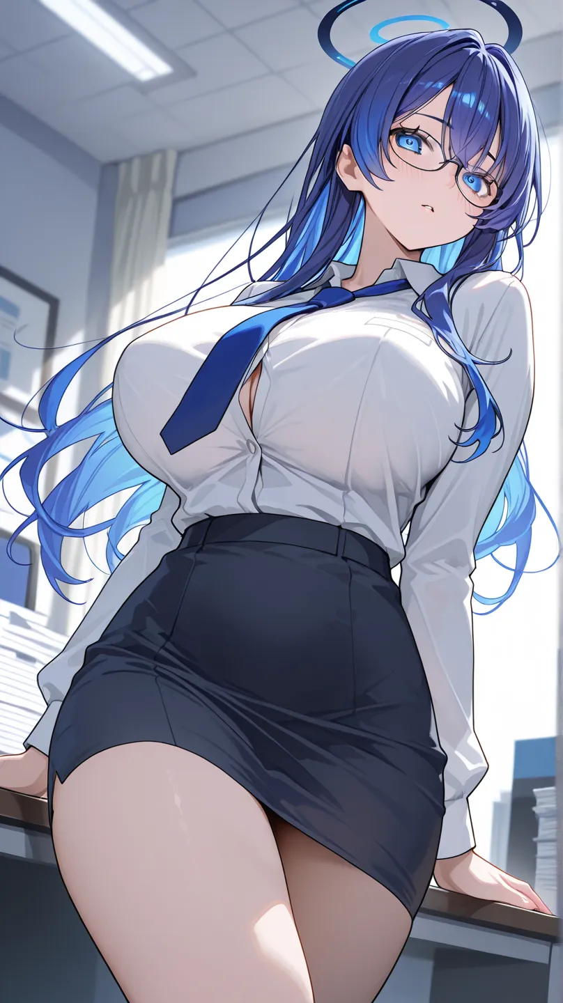 Big Breasts, Office Clothes, Long Hair, Blue Violet Hair, Glasses, 1girl