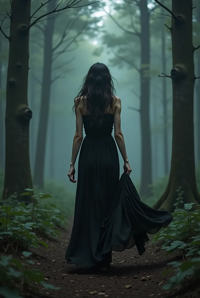 arafed woman in a dress walking through a dark forest, woman in a dark forest, girl walking in dark forest, haunting beautiful young woman, feral languid woman, persephone as goddess of death, in style of dark fantasy art, gothic wraith maiden, portrait of...