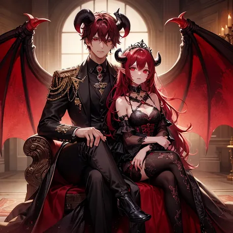 A royal twin brother and sister, half-vampire and half-red dragon, sit together in a luxurious, dimly lit royal chamber. The sister, with red horns, sits in her brother’s lap, wearing a black gown adorned with red jewels. She has curved horns, large crimso...