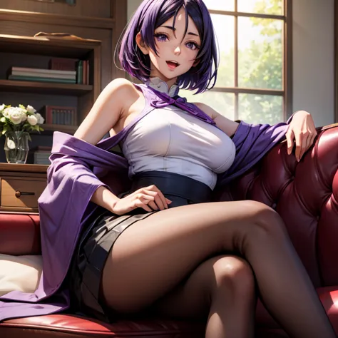 purple hair, short hair, purple eyes, sanpaku, open mouth, light smile, anime style, depth of field, masterpiece, high quality, high details, 8k、One Japanese Housewife、45 years old、Relaxing while sitting on the sofa in the living room、leather sexy maxi tig...