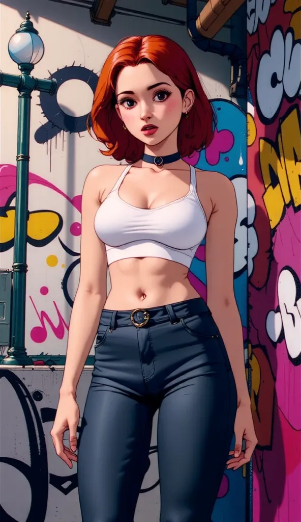 (masterpiece, best quality:1.4), official art, absurdres, vivid colors, girl, , beautiful eyes, tight crop top, tight pants, choker, (splash ink, graffiti on wall:1.2), navel, slender, standing, from below, cowboy shot, small waist, thick thighs, (arch bac...