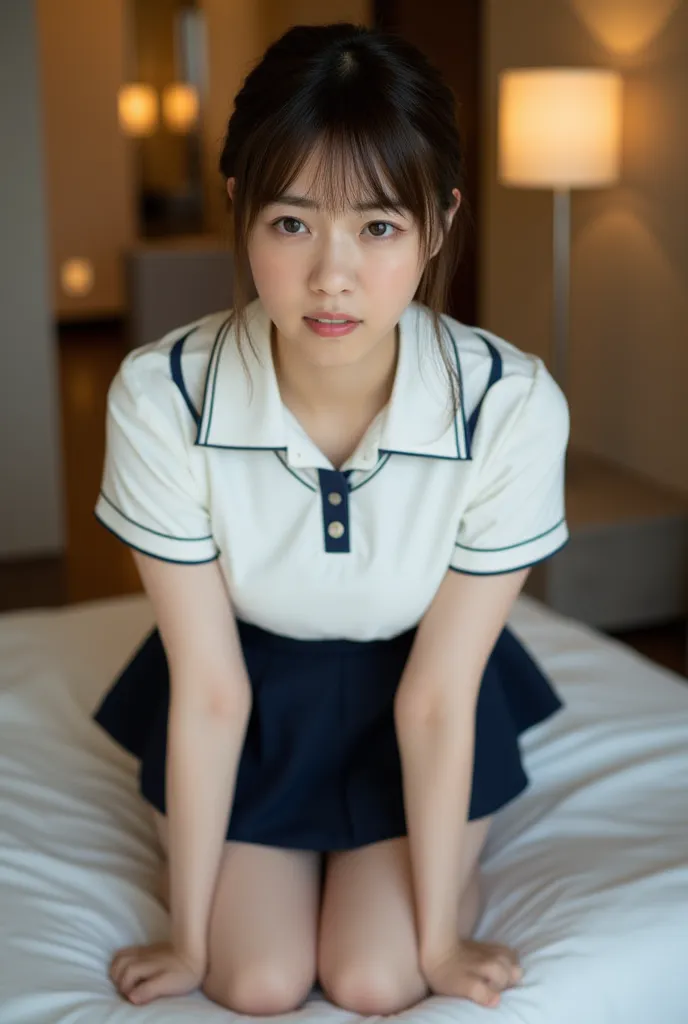 (Masterpiece, Best quality:1.4), (Ultra realistic, Photo-realistic:1.3), nsfw, (Wearing Sailor suit, White short sleeve:1.2), (Dark navy skirt:1.2), (Wearing white sock), (small breasts), (Scared:1.2), Natural light, 20 years old actor, Japanese woman, Nea...