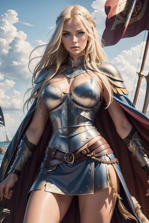 Gorgeous Woman, Valkyrie, Long blonde hair, blue eyes, detailed facial features, proportional hands, proportional fingers, leather armor, fur cape, viking ship,